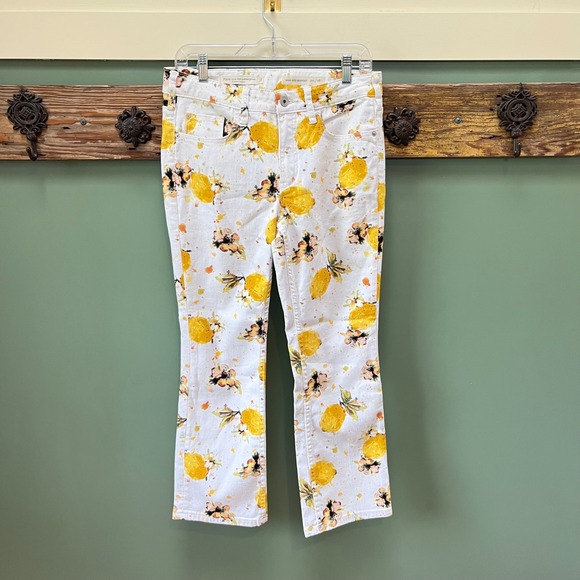 Pilcro and the Letterpress Denim - Pilcro Anthropologie Lemon Floral High Rise Bootcut Jeans White Yellow Size 28